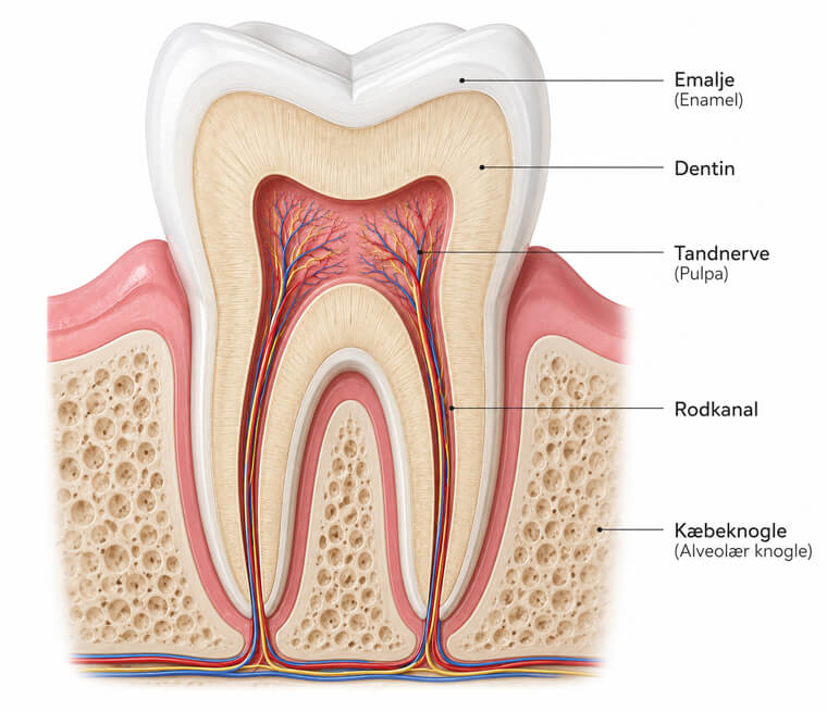 Illustration af tandens opbygning med emalje, dentin, tandnerve (pulpa), rodkanal og kæbeknogle