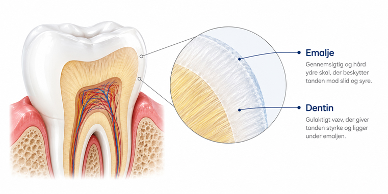 Illustration af tandens emalje og dentin, hvor blegemidlet trænger ind